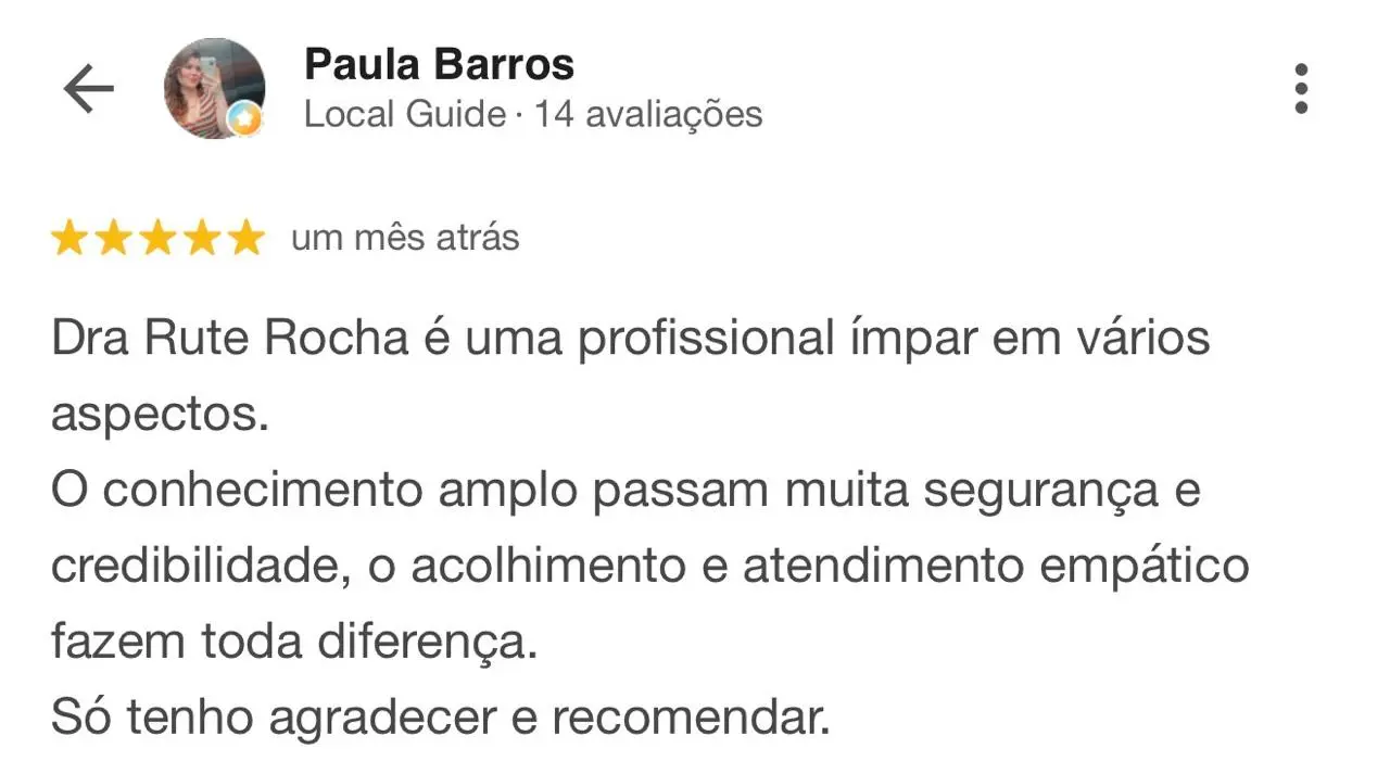 Avaliação de cliente sobre o atendimento da Dra. Rute Rocha